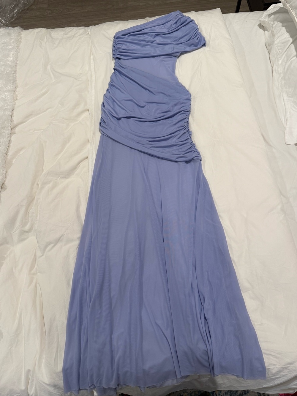 MESHKI Lavender One Shoulder Ruched Mesh Maxi Dress Size S